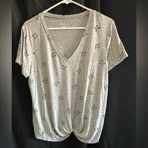 No Boundaries Light Gray V-Neck Knot Front Tee with Green Butterfly Motif